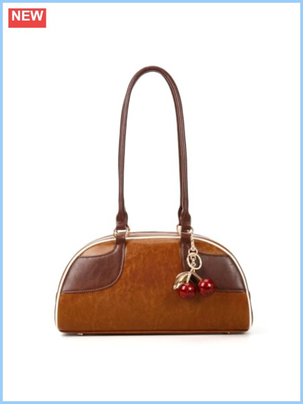 Faux Leather Bowler Shoulder Bag with Cherry Charm Y2K Purse